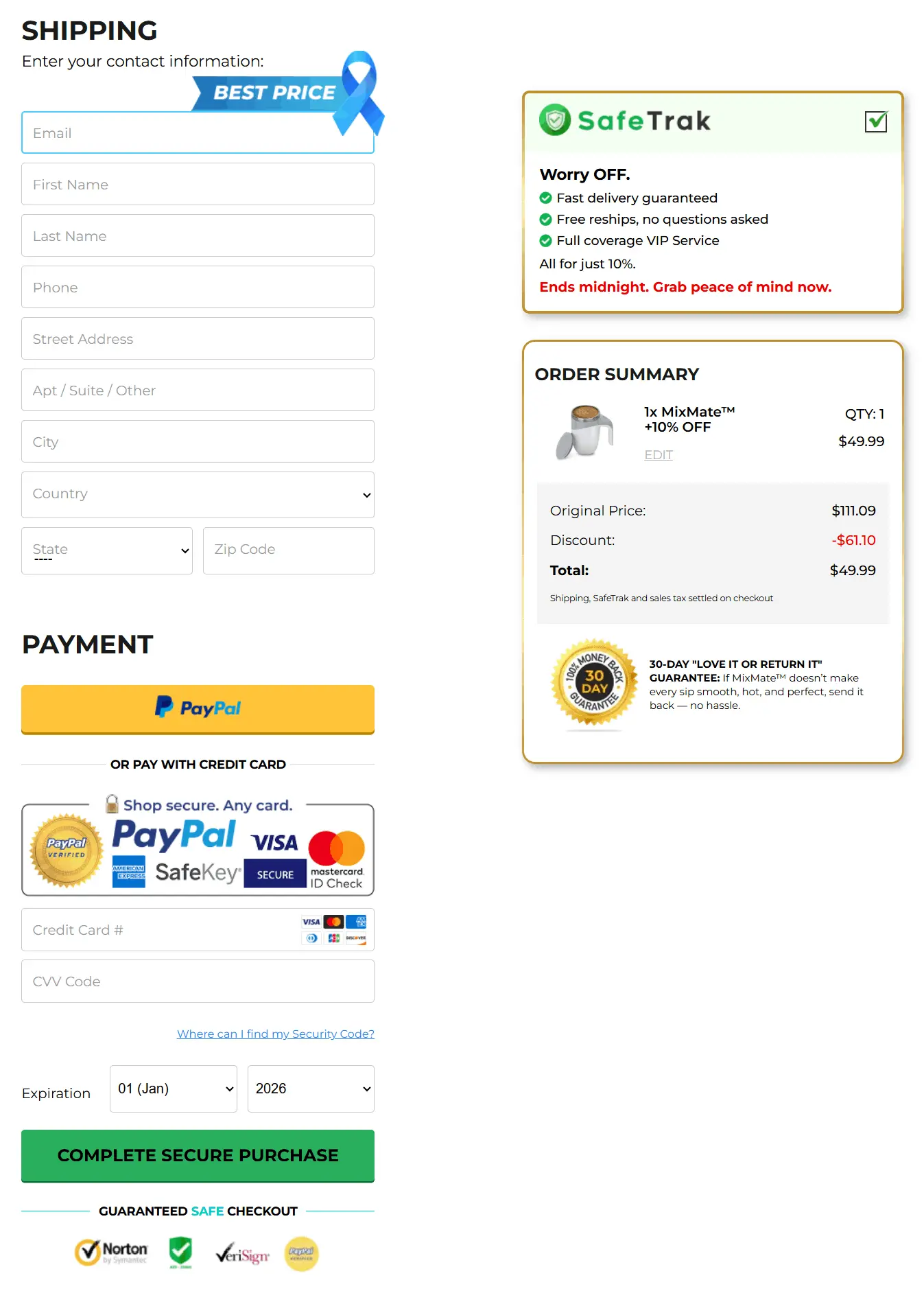 MixMate Mug secure checkout page